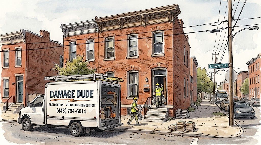 Illustration of the Damage Dude truck parked outside a Baltimore rowhome on E Fayette St while the crew carries out debris